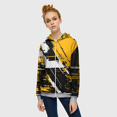 Женская толстовка на молнии Diagonal black and white stripes on a yellow backg / 3D-Меланж – фото 3