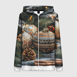 Толстовка на молнии женская Новогодние шары и шишки, цвет: 3D-белый