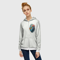 Толстовка на молнии женская Металлическое сердце кораллы и цветы, цвет: 3D-белый — фото 2