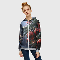 Толстовка на молнии женская Красные новогодние шары с узорами, цвет: 3D-меланж — фото 2