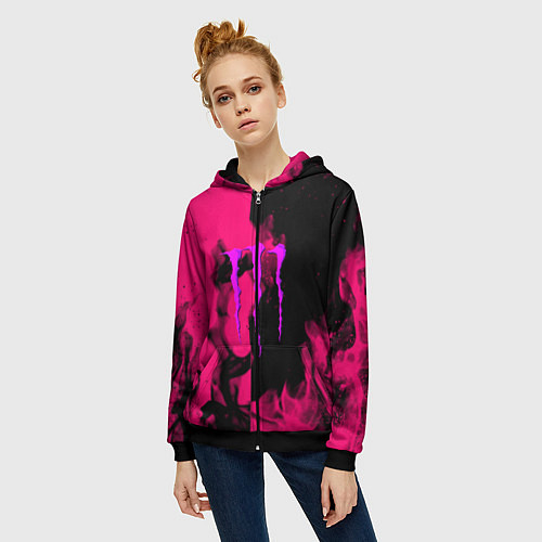 Женская толстовка на молнии Monster energy fire pink / 3D-Черный – фото 3