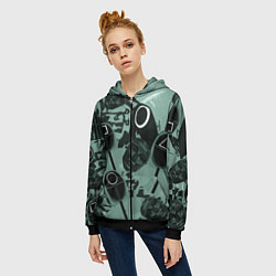 Толстовка на молнии женская Игра в кальмара маска ведущего и стражников, цвет: 3D-черный — фото 2