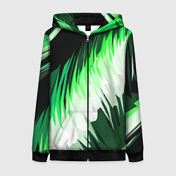 Женская толстовка на молнии Зелёно-белая абстракция на чёрном фоне