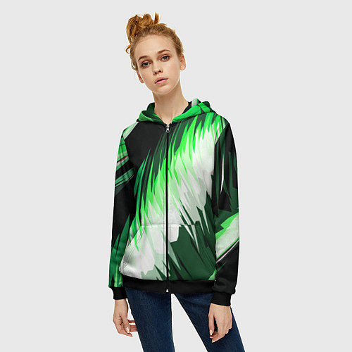 Женская толстовка на молнии Зелёно-белая абстракция на чёрном фоне / 3D-Черный – фото 3