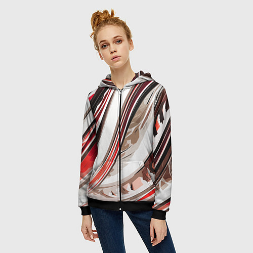Женская толстовка на молнии Волнистая бело-красная абстракция / 3D-Черный – фото 3