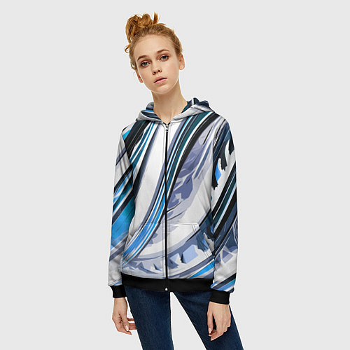 Женская толстовка на молнии Волнистая бело-синяя абстракция / 3D-Черный – фото 3