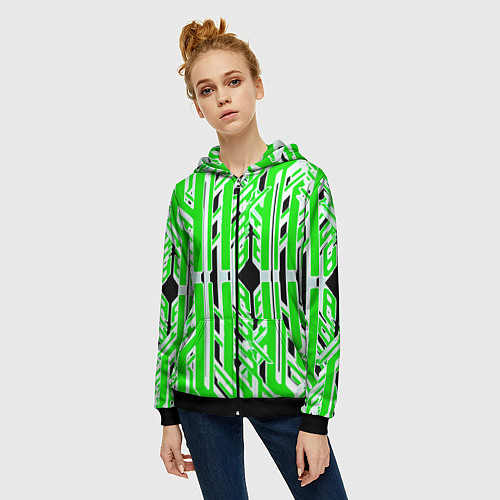 Женская толстовка на молнии Бело-зелёные техно полосы на чёрном фоне / 3D-Черный – фото 3