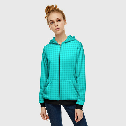 Женская толстовка на молнии Неоновый голубой паттерн клетка / 3D-Черный – фото 3