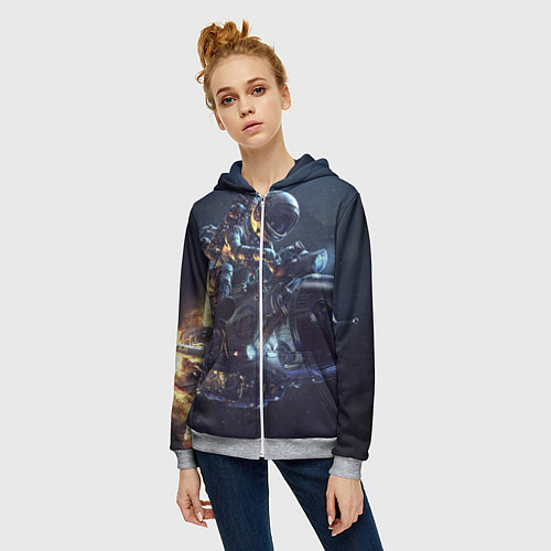 Женская толстовка на молнии Космонавт - ракета / 3D-Меланж – фото 3