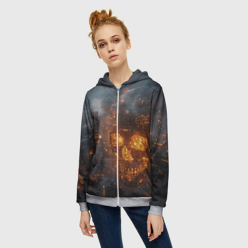 Женская толстовка на молнии Череп - огонь / 3D-Меланж – фото 3