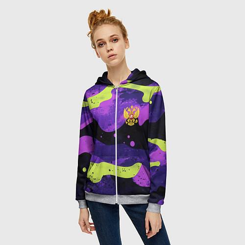 Женская толстовка на молнии Черно-фиолетовый камуфляж и золотой герб РФ / 3D-Меланж – фото 3