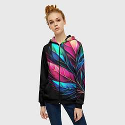 Толстовка на молнии женская Букет из цветных перьев - неон, цвет: 3D-черный — фото 2