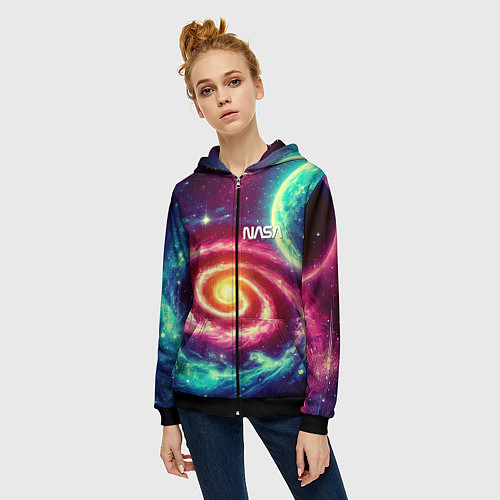 Женская толстовка на молнии Spiral galaxy - neon glow / 3D-Черный – фото 3
