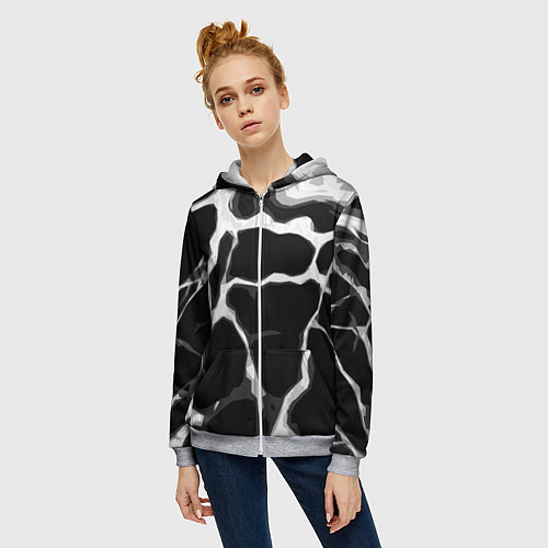 Женская толстовка на молнии Белые абстрактные полосы на чёрном фоне / 3D-Меланж – фото 3
