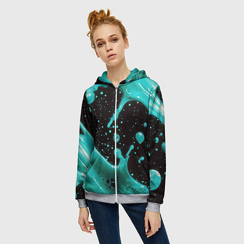Женская толстовка на молнии Голубая краска и капли / 3D-Меланж – фото 3