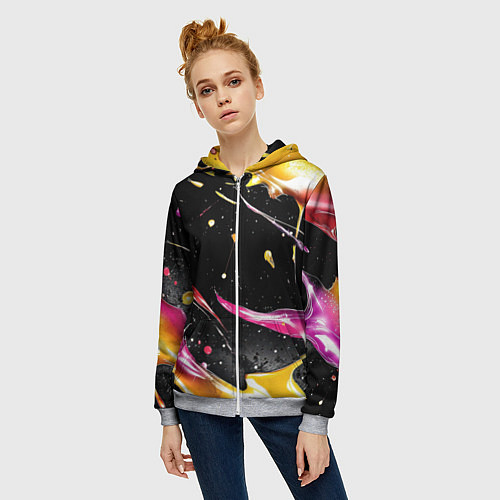 Женская толстовка на молнии Мазки краски на черном / 3D-Меланж – фото 3