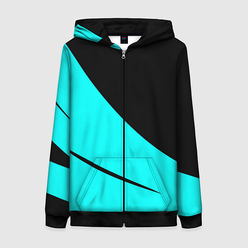 Женская толстовка на молнии Чёрный и неоновый голубой двуцветный с полосой / 3D-Черный – фото 1