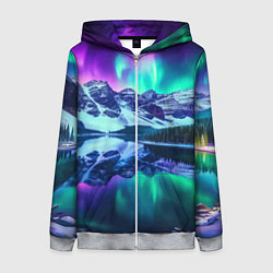 Толстовка на молнии женская Северное сияние над горами - неоновое свечение, цвет: 3D-меланж