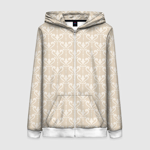 Женская толстовка на молнии Элегантный бежевый узор с дамасками / 3D-Белый – фото 1
