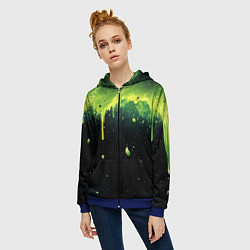 Толстовка на молнии женская Зеленая стекающая краска по черному фону, цвет: 3D-синий — фото 2