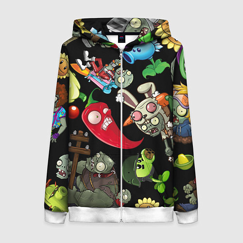 Женская толстовка на молнии Растения против зомби персонажи на черном / 3D-Белый – фото 1