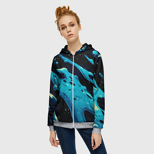 Женская толстовка на молнии Синие волны краски на черном / 3D-Меланж – фото 3
