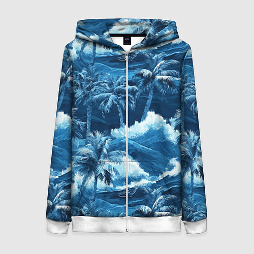 Женская толстовка на молнии Пальмы и волны - голубые оттенки паттерн / 3D-Белый – фото 1