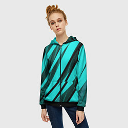 Толстовка на молнии женская Неоновый голубой с чёрным абстракция с полосами, цвет: 3D-черный — фото 2