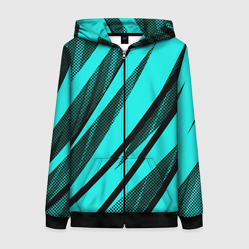 Женская толстовка на молнии Неоновый голубой с чёрным абстракция с полосами / 3D-Черный – фото 1