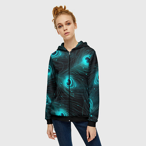 Женская толстовка на молнии Светящиеся перья павлина паттерн / 3D-Черный – фото 3