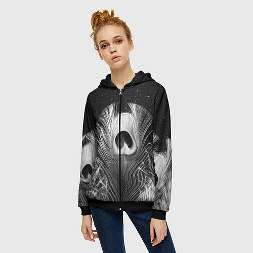 Женская толстовка на молнии Изогнутые белые перья павлина - чб иллюстрация / 3D-Черный – фото 3