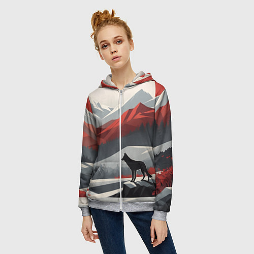 Женская толстовка на молнии Лиса и красные горы / 3D-Меланж – фото 3