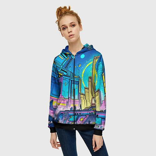 Женская толстовка на молнии Космический город / 3D-Черный – фото 3