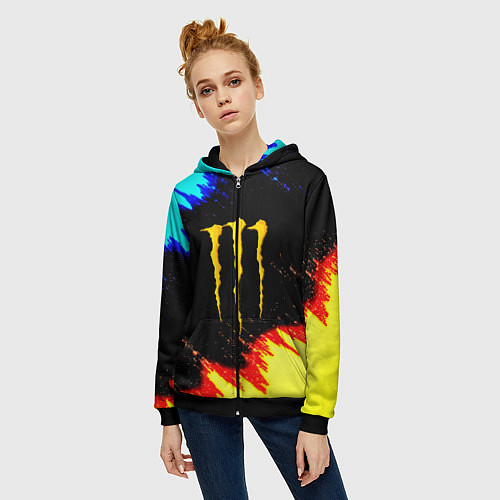 Женская толстовка на молнии Monster energy огненные краски / 3D-Черный – фото 3