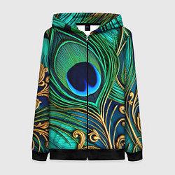 Толстовка на молнии женская Зеленые перья павлина, цвет: 3D-черный