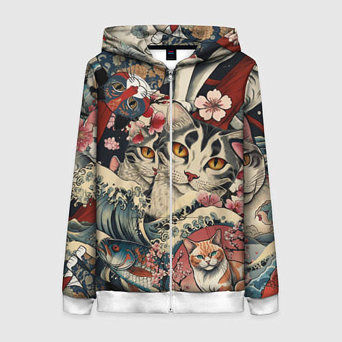 Женская толстовка на молнии Котики и рыбки в сакуре / 3D-Белый – фото 1