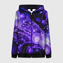 Женская толстовка на молнии Силуэты цветов на темном фоне - фиолетовое свечени
