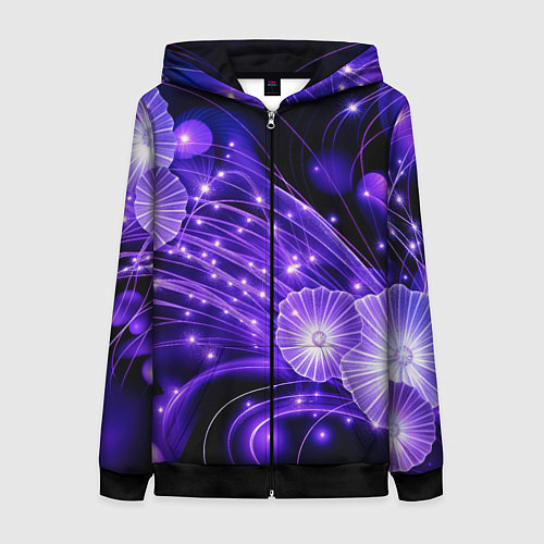 Женская толстовка на молнии Силуэты цветов на темном фоне - фиолетовое свечени / 3D-Черный – фото 1