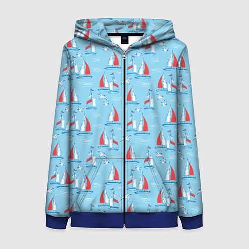 Женская толстовка на молнии Морской паттерн с парусными лодками и чайками / 3D-Синий – фото 1