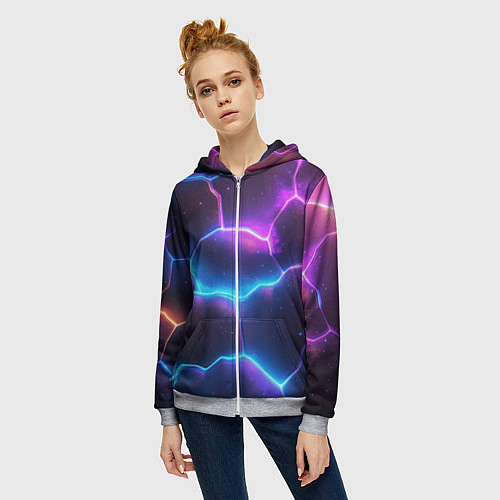 Женская толстовка на молнии Синие и фиолетовые молнии в разломе / 3D-Меланж – фото 3