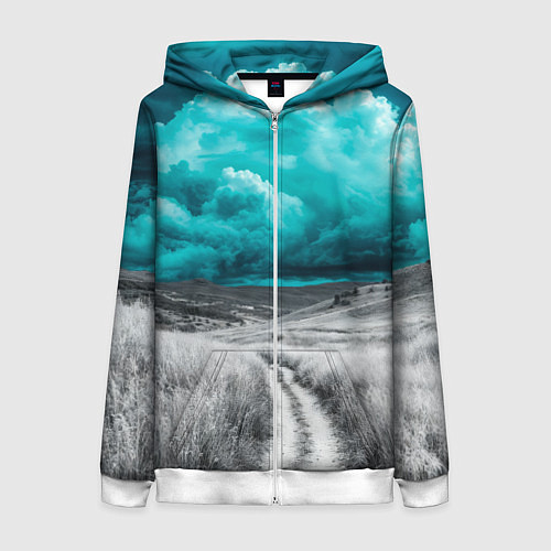 Женская толстовка на молнии Монохромное поле и сине-зеленое небо - природный п / 3D-Белый – фото 1