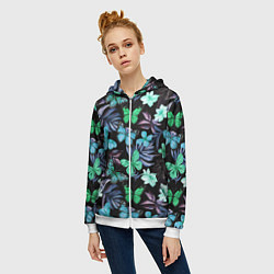 Толстовка на молнии женская Бабочки и тропические цветы на черном фоне, цвет: 3D-белый — фото 2