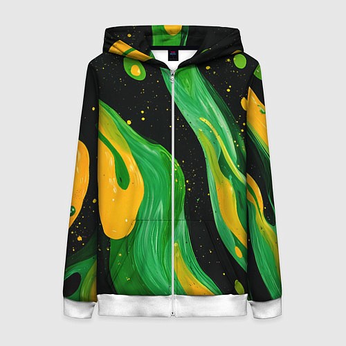 Женская толстовка на молнии Зелено-желтая краска на черном / 3D-Белый – фото 1