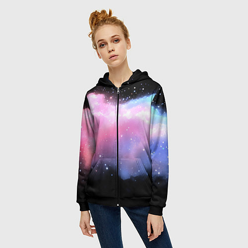 Женская толстовка на молнии Розово-голубое облако на черном фоне / 3D-Черный – фото 3