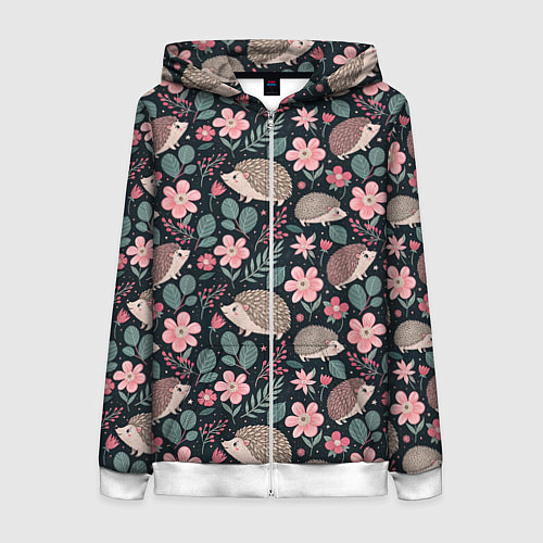 Женская толстовка на молнии Ёжики в цветах / 3D-Белый – фото 1