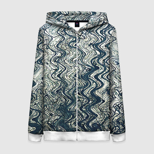 Женская толстовка на молнии Бело-синий искажённые абстрактные линии / 3D-Белый – фото 1