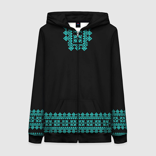 Женская толстовка на молнии Славянские узоры и орнамент голубой - вышиванка ру / 3D-Черный – фото 1
