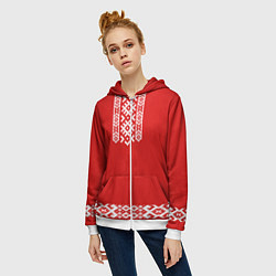 Толстовка на молнии женская Славянский узор на красном - вышиванка рубаха крас, цвет: 3D-белый — фото 2