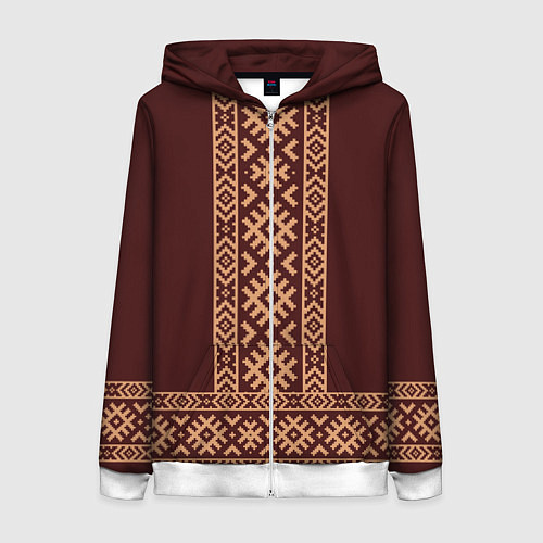 Женская толстовка на молнии Золотой узор на бордовом - вышиванка рубаха / 3D-Белый – фото 1