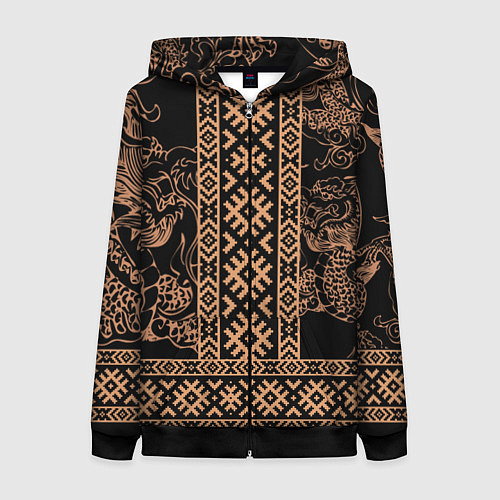 Женская толстовка на молнии Золотой дракон с узорами славянскими / 3D-Черный – фото 1